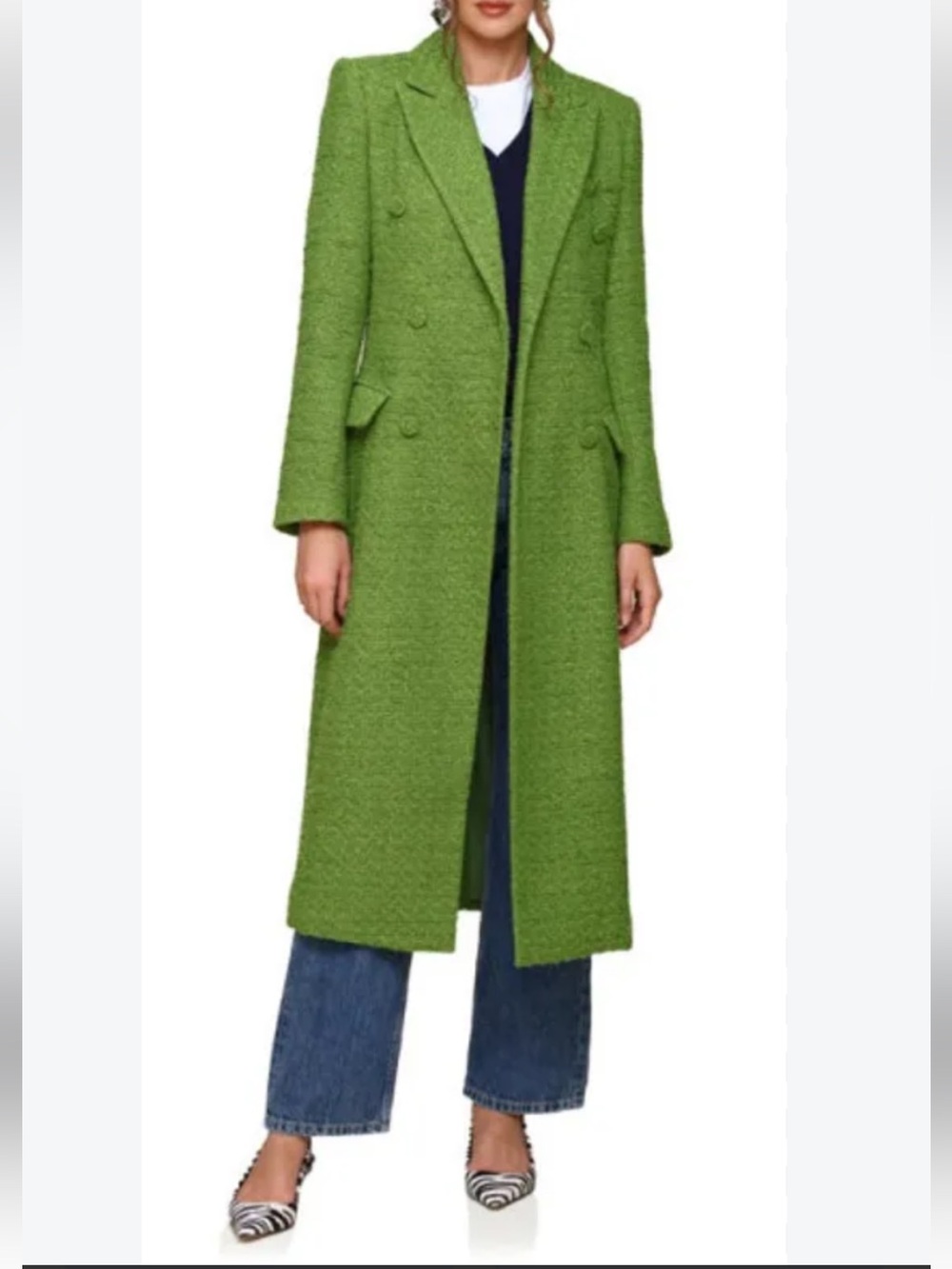 Avec Les Filles Lime Green Bouclé Double-Breasted Long Trench Coat